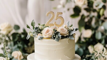 Elegant wedding cake with leafy decorations and a golden 25 topper at a celebration venue