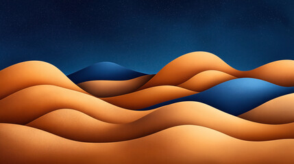Fototapeta premium Abstract digital illustration depicting stylized sand dunes in shades of orange and blue against a starry night sky, creating a surreal desert landscape with flowing lines and gradients.