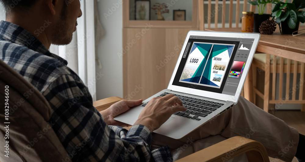 Poster graphic designer software for modern design of web page and commercial ads showing on the computer s