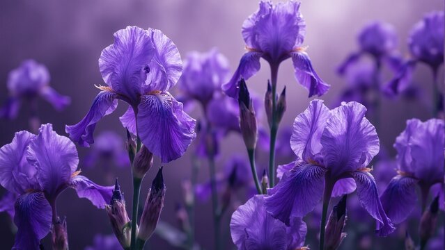 Elegant purple irises on a sophisticated floral background