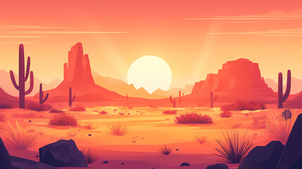 Expansive arid desert landscape featuring a shimmering sandy backdrop with sun baked rock formations sparse desert vegetation and a distant mirage like shimmer. Mirage. Illustration