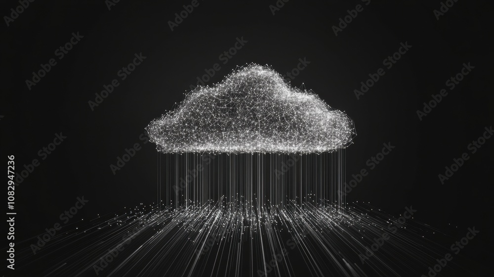 Poster this visual features a data cloud design composed of interconnected lines that extend downward, set 