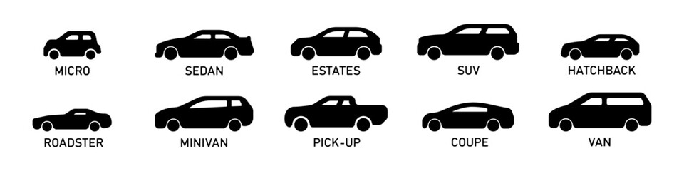 Set cars vector. A collection of classic types of car body shapes. A set of different auto contours. Car shape logos. Side view linear icons minivan, sedan, coupe, hatchback, van, pickup truck.