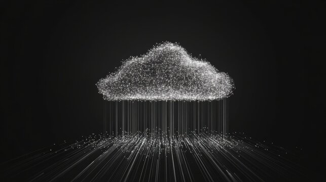 This visual features a data cloud design composed of interconnected lines that extend downward, set against a dark background. Generative AI