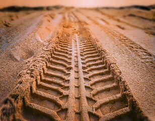 close up of tire tracks in the sand