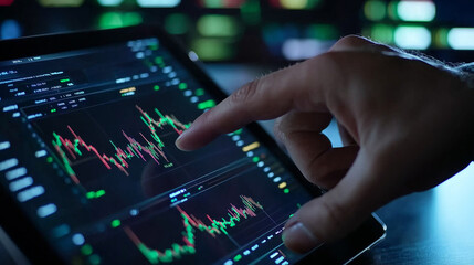 Hand Pointing at Tablet with Financial Charts and Data Analysis