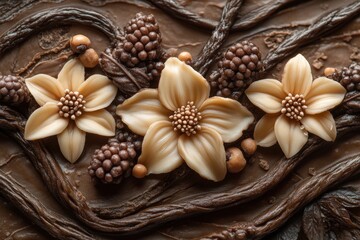 Fototapeta premium A beautifully intricate chocolate sculpture featuring detailed floral designs, combining elegance and artistry with exquisite edible craftsmanship