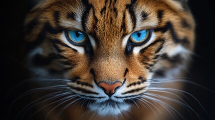 Fototapeta premium A captivating image of a majestic tiger with striking blue eyes staring intently into the camera, highlighting its powerful presence and vibrant fur pattern