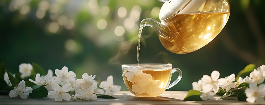 glass teapot pouring jasmine tea into cup on flower green bokeh background, spring drink concept with blossom, herbal tasty teatime, international world tea day - Powered by Adobe