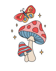 Retro Mushrooms and Butterfly illustration