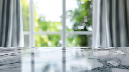 Naklejka premium Empty marble table top for product placement with blur window curtain background