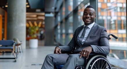 Obraz premium Confident businessman in a wheelchair, wearing a suit, smiling in a modern office environment, representing professionalism, resilience, and inclusivity