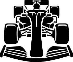 Black formula 1 car vector icon top front view, isolated on a transparent background.