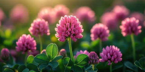 A stunning field of vibrant pink clover blossoms basking in the warm glow of a sunset, highlighting the beauty of nature's intricate floral designs