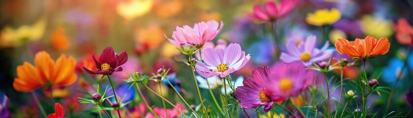 Vibrant field of blooming wildflowers in a mix of colors, showcasing the beauty of nature in springtime with a soft, blurred background