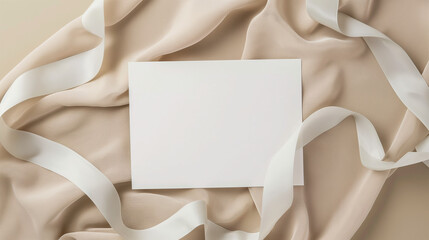 Photo of a blank white card mockup on top of a beige cloth