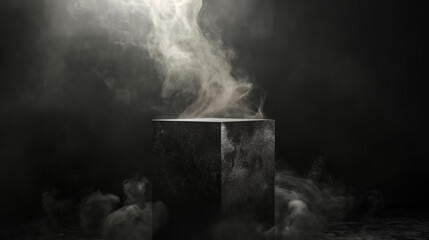 A dark grey stone pedestal in the center with smoke effects for product placement