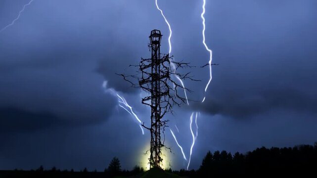 The camera zooms out from the center of a large, cracked lightning rod during an intense thunderstorm, with sparks and lightning bolts illuminating the stormy sky

.