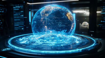 Futuristic Hologram of Planet Highlighting Extreme Weather Zones