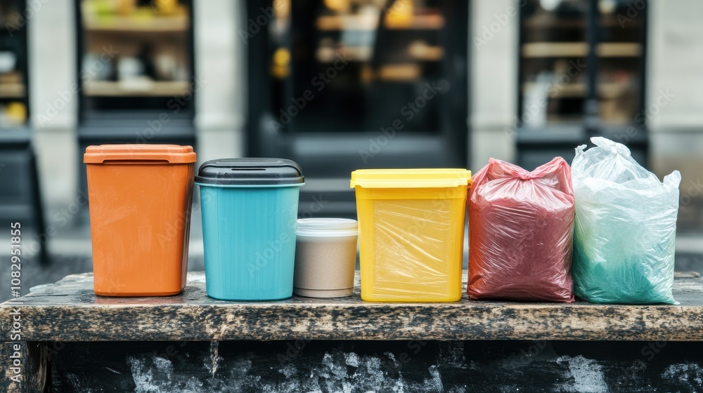 Poster a collection of reusable containers stands out against a backdrop of discarded single-use plastic ba