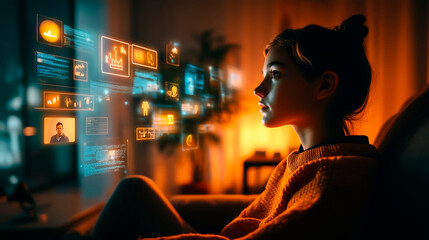 Woman in orange sweater using virtual interface at home.