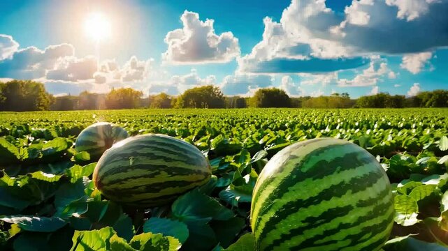 A bunch of watermelons are in a field. The sun is shining brightly on them. Scene is bright and cheerful