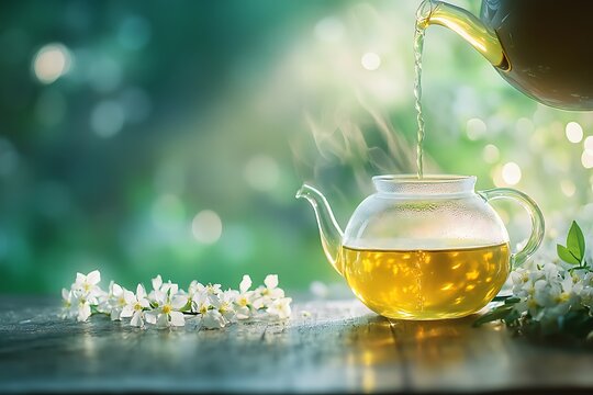 glass teapot pouring jasmine tea into cup on flower green bokeh background, spring drink concept with blossom, herbal tasty teatime, international world tea day