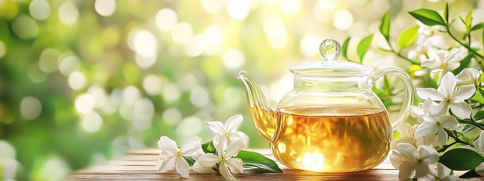 glass teapot with jasmine tea on flower sunny green bokeh background, spring drink concept with blossom, herbal tasty teatime, international world tea day