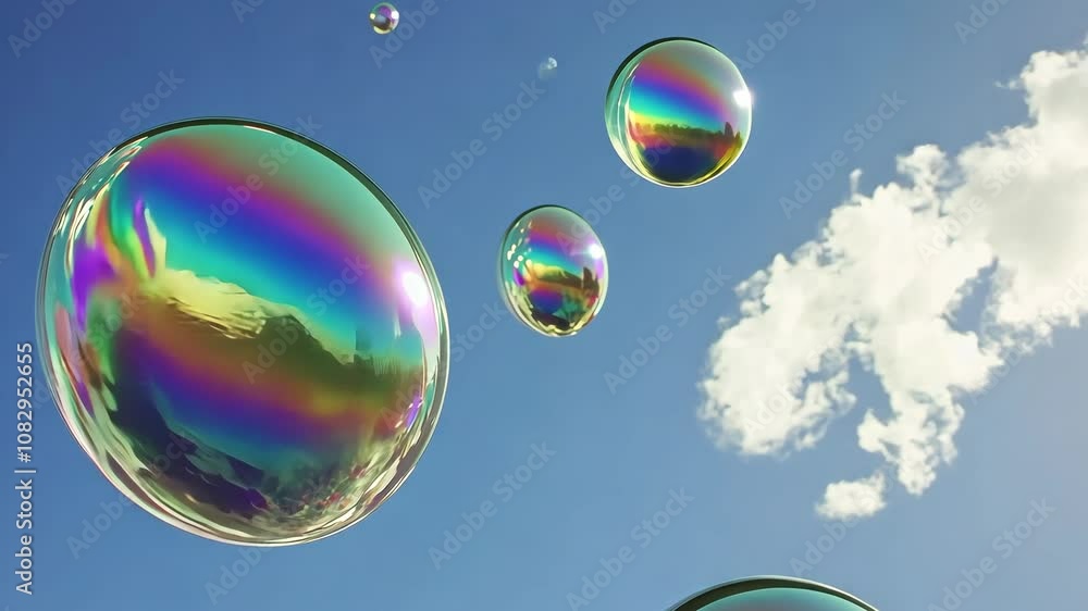 Poster a large iridescent bubble floats in the sky with a few smaller bubbles and a white cloud