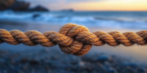Fototapeta premium A close-up image of a tightly knotted rope against a blurred ocean background at sunset, symbolizing strength and connection in nature's tranquil setting