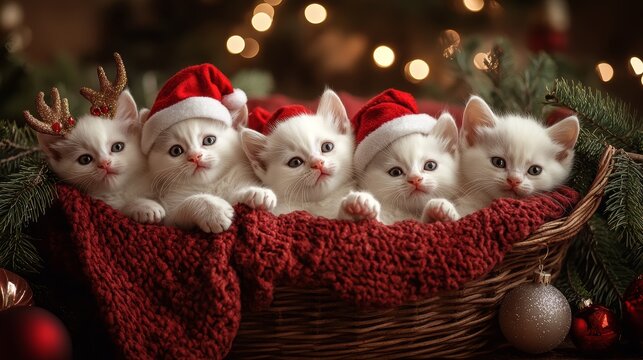 Group of five white tiny kittens, each wearing a different Christmas-themed accessory, snuggled together in a wicker basket, photography