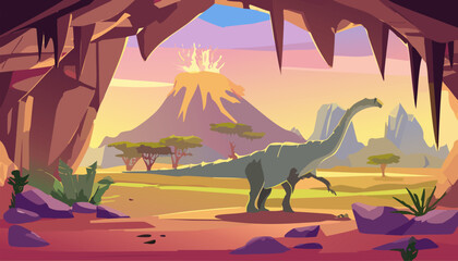 Desert landscape with dinosaur in cave. Cartoon vector illustration of dinosaur in cave. © Waseem