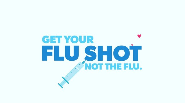 Get your flu shot, not the flu. Animated motion video with vaccine syringe and text. Winter virus season. Health concept.