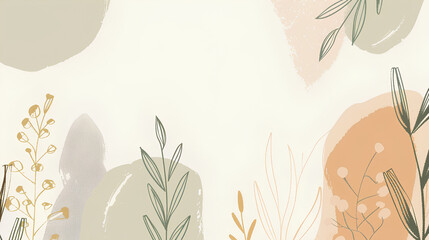 minimalist boho line art of abstract shapes and plants, with muted pastel colors on a white...