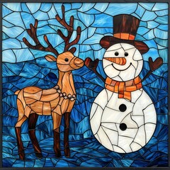 Festive Stained Glass Reindeer Snowman Winter Holiday Decor