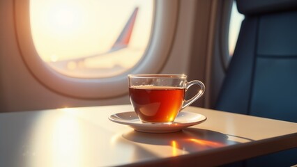 Enjoying a warm cup of tea while flying above the clouds during a beautiful sunset in a cozy...