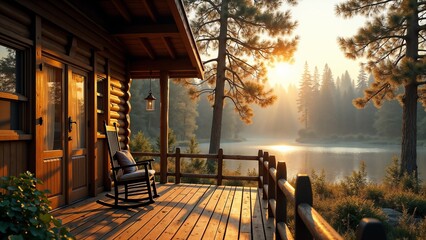 A peaceful cabin porch at sunrise with a serene lake view surrounded by tall trees in the early morning light
