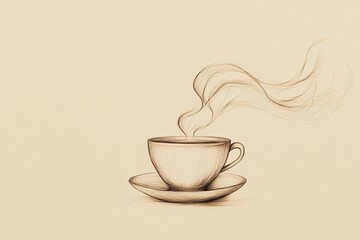 Obraz premium Steaming cup of coffee with saucer in a pencil sketch style on a light beige background. Minimalistic artwork. Coffee and relaxation concept. Design for poster, banner, invitation, greeting card.