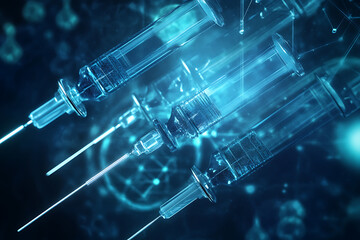 Abstract digital background on a medical theme, featuring futuristic elements and symbols related to healthcare and medicine.