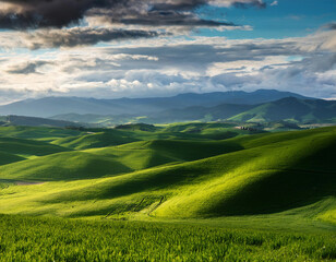 Obraz premium Sunlight breaks through dramatic clouds to illuminate rolling green hills creating a stunning pastoral landscape with patches of light and shadow.