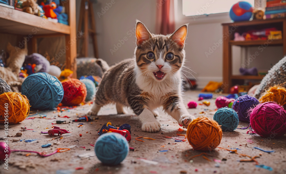 Poster kitten is playing with a bunch of colorful balls
