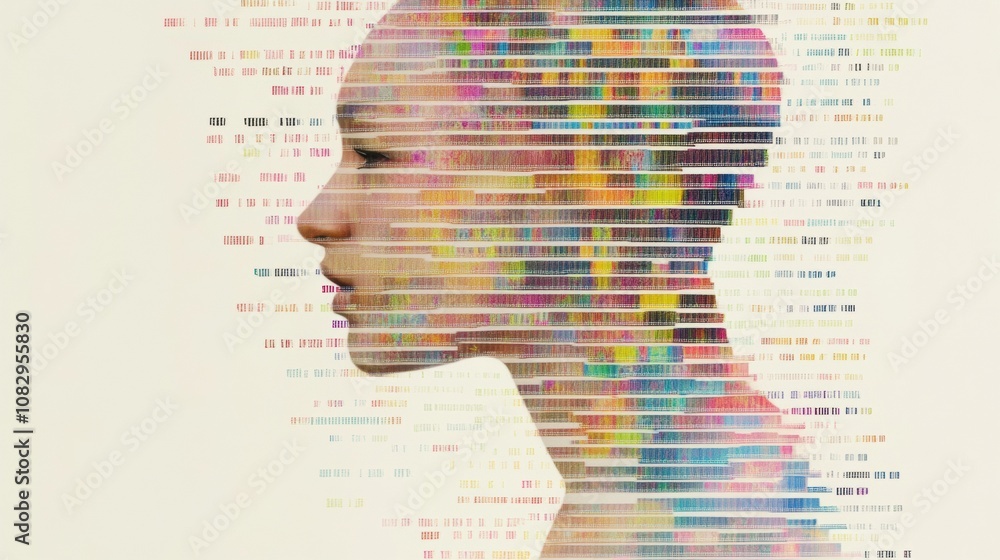 Fototapete a vibrant representation showcases a human silhouette merged with rows of colored dna symbols, illus
