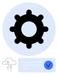 Black gear icon in blue circle, uploading icon with arrows, and blue checkmark in rectangle. Ideal for operations, cloud computing, technology, workflow, approval systems, development automation