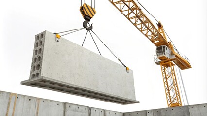Industrial construction scene with crane lifting concrete block