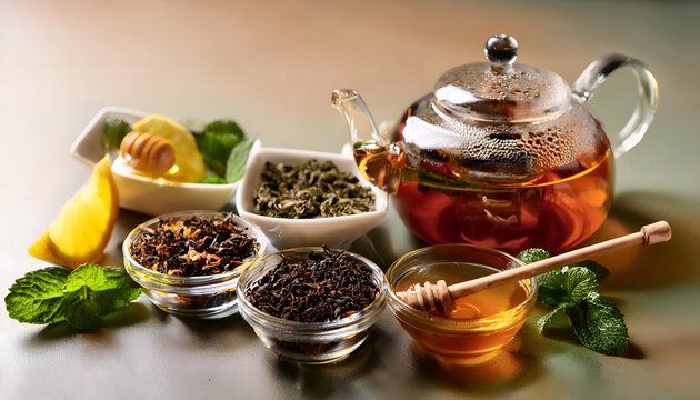 A glass teapot with herbal tea is surrounded by loose leaf tea varieties, honey, lemon, and mint leaves, creating a warm and inviting atmosphere.