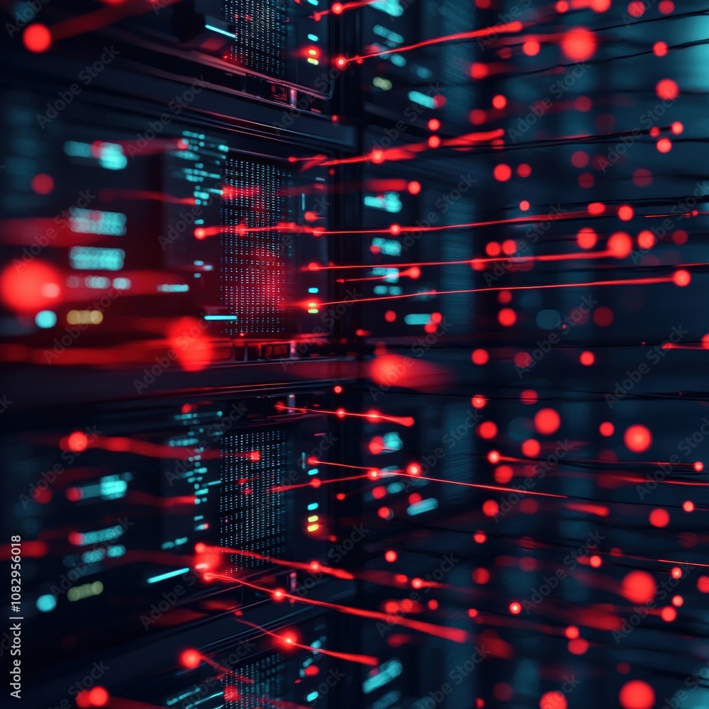 Poster monitoring malware threats in cybersecurity systems data center digital art futuristic high-tech con