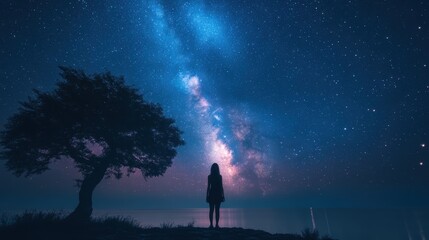 A lone silhouette stands under a starry sky, gazing at the awe-inspiring Milky Way with a serene tree nearby, reflecting the wonders of the universe