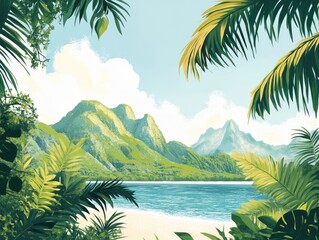 Idyllic Tropical Haven. Sunlit Island Paradise with Lush Trees and Clear Blue Waters