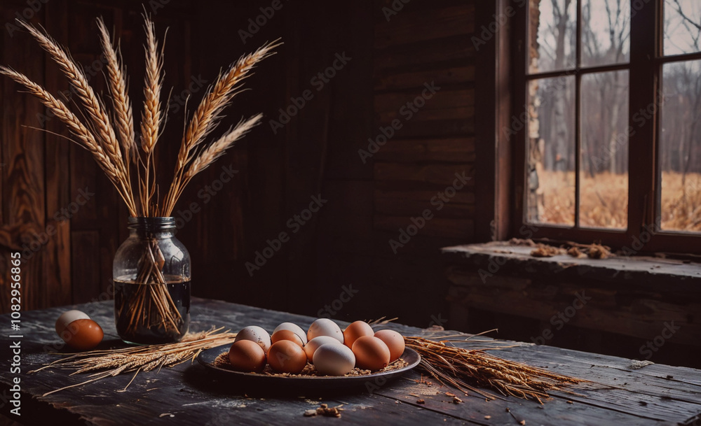 Poster vase with wheat and eggs on a table