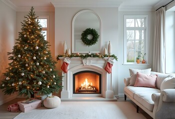 Cozy Christmas Living Room Decorated Tree by the Fireplace with a Warm Festive Atmosphere